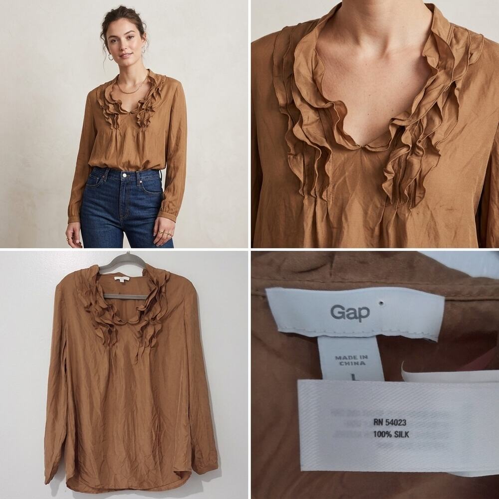 GAP 100% Silk Ruffle Neck Blouse Brown Size L